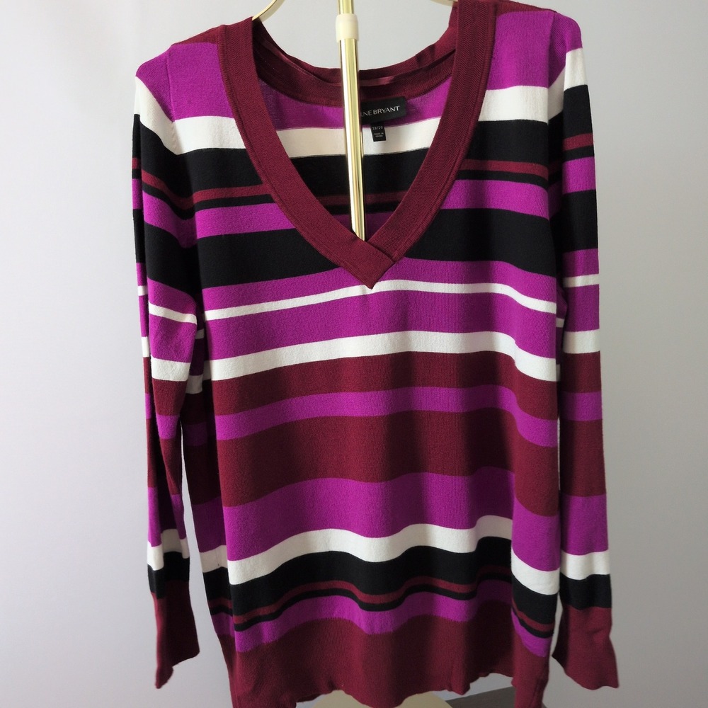 Lane Bryant Sweater Women 18/20 Purple Striped V-Neck Knit Rayon Blend Casual